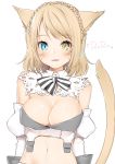  1girl :d animal_ears bangs bare_shoulders blue_eyes blush bow bowtie braid breasts cat_ears cat_girl cat_tail cleavage crop_top crown_braid detached_collar detached_sleeves eyebrows_visible_through_hair final_fantasy final_fantasy_xiv heart heterochromia highres large_breasts light_brown_hair looking_at_viewer medium_hair midriff miqo&#039;te navel open_mouth signature simple_background sleeve_cuffs smile solo striped striped_bow striped_neckwear tail upper_body white_background white_crop_top yana_mori yellow_eyes 