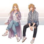  1boy 1girl alternate_costume bangs blonde_hair blue_eyes blue_ribbon braid cellphone closed_mouth collarbone collared_shirt commentary denim ed_(chibied) english_text eyebrows_visible_through_hair green_eyes hair_ornament hair_ribbon hairclip highres holding holding_cellphone holding_phone hood hood_down jeans link long_hair long_sleeves looking_at_another pants parted_bangs phone pointy_ears ponytail princess_zelda pullover ribbon shirt shoelaces shoes sidelocks simple_background sitting smile sneakers the_legend_of_zelda torn_clothes torn_pants watch white_footwear 