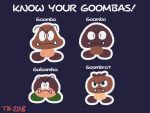  2019 4:3 beekirbydrawsstuff black_eyes blue_background brown_skin fangs galoomba goomba goombo goombrat green_skin mario_bros nintendo simple_background video_games 