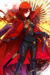  1girl bangs black_bodysuit bodysuit breasts cape chain fate/grand_order fate_(series) fire grin hair_over_one_eye highres katana koha-ace large_breasts long_hair looking_at_viewer oda_nobunaga_(maou_avenger)_(fate) popped_collar red_cape red_eyes red_hair shiguru smile solo sword thighs very_long_hair weapon 