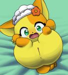  anthro anus blush chaco_(cocotama) clitoris clothing cocotama felid female flower fur green_eyes hat_only headgear headwear hirake!_cocotama lying mammal mostly_nude on_back open_mouth plant pussy semi-anthro solo spread_legs spreading surprise yellow_fur 九尾 