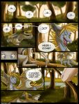  2013 blonde_hair blue_eyes comic day dragon english_text feral forest grass hair hi_res membrane_(anatomy) membranous_wings open_mouth outside river scalie skaydie standing teeth text tongue tree western_dragon wings 