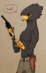  4_fingers anthro avian beak bird black_feathers bottomwear brown_eyes claws clothed clothing english_text feathers fingers gun handgun hi_res male pants ranged_weapon revolver shurueder simple_background solo text topless weapon 