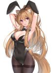 1girl :o animal_ears armpits arms_behind_head arms_up bare_arms black_bow black_leotard blackheartxiii blush bow bowtie breasts brown_hair bunny_ears bunny_girl bunnysuit cleavage cowboy_shot detached_collar eyebrows_visible_through_hair highres leotard long_hair looking_at_viewer medium_breasts open_mouth pantyhose purple_eyes raccoon_ears raccoon_tail raphtalia sidelocks solo strapless strapless_leotard tail tate_no_yuusha_no_nariagari very_long_hair 