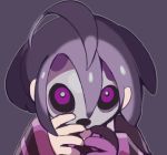  1boy bright_pupils close-up grey_outline looking_at_viewer male_focus mask onion_(pokemon) outline pokemon pokemon_(game) pokemon_swsh purple_background purple_eyes purple_hair simple_background solo wide_sleeves 