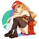  1girl baseball_cap bike_shorts black_legwear black_shirt black_shorts blonde_hair blue_eyes boots borrowed_garments brown_footwear character_doll closed_mouth crossed_arms hat kanimaru long_hair looking_at_viewer miniskirt pikachu pleated_skirt pokemon pokemon_(anime) red_headwear satoshi_(pokemon) serena_(pokemon) shiny shiny_hair shirt short_shorts shorts shorts_under_skirt skirt sleeveless sleeveless_shirt solo thighhighs very_long_hair white_background zettai_ryouiki 