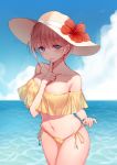  1girl bare_shoulders between_breasts bikini bison_cangshu blue_eyes blue_sky blush breasts cloud cloudy_sky collarbone commentary_request cowboy_shot day flower go-toubun_no_hanayome hand_up hat hat_flower hibiscus highres horizon index_finger_raised large_breasts looking_at_viewer nakano_ichika navel ocean outdoors parted_lips pink_hair red_flower short_hair side-tie_bikini sky solo stomach sun_hat swimsuit thighs water yellow_bikini 