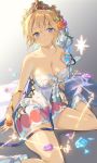  1girl absurdres bangs bare_shoulders blonde_hair blue_eyes blush boots breasts cleavage collarbone commentary_request dress europa_(granblue_fantasy) eyebrows_visible_through_hair flower gradient gradient_background granblue_fantasy grey_background hair_flower hair_ornament highres jewelry kanase_(mcbrwn18) looking_at_viewer medium_breasts shiny shiny_skin short_dress short_hair simple_background sitting smile solo strapless strapless_dress tiara wariza white_dress white_footwear 