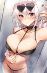  1girl azur_lane bangs bikini black_bikini blush breasts cellphone choker cleavage closed_mouth collarbone commentary_request eyebrows_visible_through_hair eyewear_on_head hair_between_eyes heart heart-shaped_eyewear highres holding holding_phone indoors kurenai_hanpen large_breasts looking_at_viewer navel o-ring o-ring_top phone red_eyes scrunchie self_shot short_hair sirius_(azur_lane) sirius_(midsummer_seirios)_(azur_lane) smartphone smile solo standing sunglasses swimsuit wet white_hair white_scrunchie wrist_scrunchie 