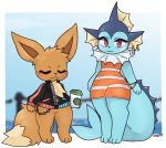  anthro beverage biped blue_fur blue_skin blue_tail blush border bottomless bracelet brown_ears brown_fur brown_tail canid canine clothed clothing coffee digital_media_(artwork) dipstick_tail dress duo ear_piercing ear_ring eevee eeveelution eyes_closed female fin fluffy fluffy_tail fur hi_res holding_beverage holding_object jacket jewelry larger_anthro larger_female long_ears long_tail looking_at_viewer loppifi male mammal multicolored_tail nintendo piercing pink_eyes pok&eacute;mon pok&eacute;mon_(species) sea semi-anthro signature simple_background size_difference smaller_anthro smaller_male standing sun tail_fin tan_tail thick_tail topwear two_tone_tail vaporeon video_games water white_border 