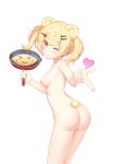  &gt;_&lt; 1girl :o absurdres animal_ears ass bangs bear_ears bear_tail blonde_hair breasts cowboy_shot eyebrow_visible_through_hair frying_pan hair_ornament hairclip heart highres holding looking_at_viewer muji_(majunduo) nipples nude one_eye_closed original pointing pointing_forward short_twintails sideboob sidelocks simple_background solo tail thighs twintails white_background yellow_eyes 