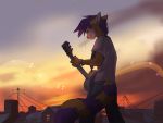  2019 4:3 5_fingers anthro clothed clothing day digital_media_(artwork) domestic_cat felid feline felis fingers hair holding_object koul male mammal musical_instrument musical_note outside purple_hair smile solo standing 