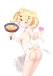  &gt;_&lt; 1girl :o absurdres animal_ears apron ass bangs bear_ears bear_tail blonde_hair breasts cowboy_shot eyebrow_visible_through_hair frilled_apron frills frying_pan hair_ornament hairclip heart highres holding looking_at_viewer muji_(majunduo) naked_apron no_panties one_eye_closed original pointing pointing_forward ribbon short_twintails sideboob sidelocks simple_background solo tail thighs twintails underwear white_background white_ribbon yellow_eyes 