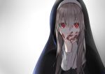  1girl bangs black_robe blood blood_on_face bloody_hands buttons commentary eyebrows_visible_through_hair fingers grey_hair habit hair_between_eyes hand_on_own_face hieung highres long_hair long_sleeves looking_at_viewer nun open_mouth original red_eyes robe sleeve_cuffs slit_pupils solo tongue tongue_out 