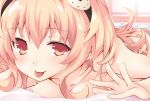  1girl blush breasts compa eyebrows_visible_through_hair hairband iwasi-r large_breasts long_hair looking_at_viewer lying neptune_(series) nude on_bed on_stomach open_mouth panties pink_eyes pink_hair smile solo underwear white_panties 