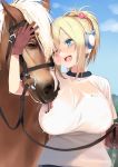  1girl ;d bestiality blonde_hair blue_eyes blush breast_licking breasts gen_(black_factory) gloves hand_on_another&#039;s_head happy headphones horse large_breasts licking looking_at_another one_eye_closed open_mouth original ponytail saliva shirt smile solo_focus tongue tongue_out white_shirt 