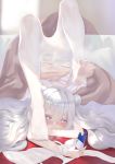  +_+ 1girl absurdres ass azur_lane bed bed_sheet black_nails blush cellphone commentary_request day double_bun everfornever feet french_flag gymnastics highres indoors le_malin_(azur_lane) legs_over_head light_particles long_hair looking_at_phone lying nail_polish on_bed on_stomach panties pantyhose phone pout purple_eyes silver_hair smartphone solo spread_toes sunlight sweat symbol-shaped_pupils thighs toes underwear very_long_hair white_legwear window 
