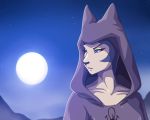  2015 amunet anthro black_nose blue_eyes bust_portrait clothed clothing detailed_background digital_media_(artwork) domestic_cat felid feline felis female full_moon fully_clothed hi_res hood lapres looking_aside mammal moon multicolored_skin night outside portrait robe shaded solo sphynx_(cat) standing two_tone_skin 