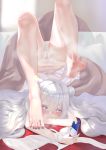  +_+ 1girl absurdres ass azur_lane barefoot bed bed_sheet black_nails blush cellphone commentary_request day double_bun everfornever feet french_flag gymnastics highres indoors le_malin_(azur_lane) legs_over_head light_particles long_hair looking_at_phone lying nail_polish on_bed on_stomach panties phone pout purple_eyes silver_hair smartphone soles solo spread_toes sunlight sweat symbol-shaped_pupils thighs toenail_polish toes underwear very_long_hair window 