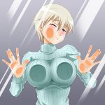  1girl against_glass blonde_hair blue_eyes blue_sweater blush brave_witches breasts closed_mouth covered_nipples eyebrows_visible_through_hair grey_background hiro_yoshinaka looking_at_viewer nikka_edvardine_katajainen no_bra one_eye_closed ribbed_sweater shiny shiny_hair shiny_skin short_hair simple_background solo sweater world_witches_series 