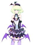  1boy bat_wings blonde_hair crossdressing dress earrings frills gloves gothic gothic_lolita green_hair half_gloves jewelry lio_fotia lolita_fashion male_focus moon otakebi otoko_no_ko promare purple_eyes solo thighhighs wings 