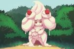  2019 3:2 alcremie breasts clothing clothing_lift cream dress dress_lift erect_nipples female food food_creature food_humanoid forest fruit gela-g-i-s-gela goo_creature goo_humanoid hi_res humanoid looking_aside nintendo nipple_outline nipples non-mammal_breasts not_furry outside plant pok&eacute;mon pok&eacute;mon_(species) presenting presenting_pussy pussy red_eyes short_stack slightly_chubby slime solo strawberry tree video_games whipped_cream 