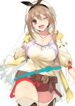  1girl atelier_(series) atelier_ryza belt blue_belt blush breasts brown_belt brown_eyes commentary_request gen_(black_factory) hair_between_eyes hair_ornament hairclip highres jacket jewelry large_breasts leather leather_belt looking_at_viewer necklace one_eye_closed open_mouth red_shorts reisalin_stout round-bottom_flask short_shorts shorts shoulder_cutout sleeveless_jacket star star_necklace strap thighs vial white_headwear yellow_jacket 