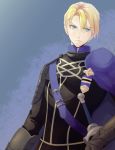  1boy blonde_hair blue_background blue_eyes cape dimitri_alexandre_bladud_(fire_emblem) fire_emblem fire_emblem:_three_houses gloves highres male_focus solo sword weapon 