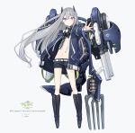  1girl animal_ears bangs belt black_footwear black_shorts blue_coat blush boots character_name closed_mouth coat eyebrows_visible_through_hair fake_animal_ears flat_chest floating_hair fork full_body grey_background grey_hair hair_between_eyes holding holding_weapon long_hair long_sleeves looking_at_viewer mecha_musume mechanical_tail midriff navel open_clothes open_coat original outstretched_arm poco_(asahi_age) purple_eyes short_shorts shorts shovel sidelocks simple_background solo standing tail weapon white_belt 