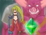  2010 4:3 ambiguous_gender belt_bra belt_choker blonde_hair brave_fencer_musashi breasts clothed clothing duo eyelashes female footwear hair human liquor_(musashi) long_hair looking_at_viewer mammal monster navel ponytail ranged_weapon runiko_e shoes smile standing teeth weapon 