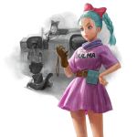  1girl aqua_hair belt black_hair blue_eyes braid brown_gloves bulma car character_name compass dragon_ball gloves ground_vehicle gun hand_on_hip highres motor_vehicle pink_skirt pouch saiyan sangsoo_jeong single_glove skirt son_gokuu standing tail weapon 