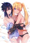  2girls ;o absurdres bare_shoulders betti_(maron) black_bra black_hair black_panties blonde_hair blue_eyes bra breasts cleavage collarbone eyebrows_visible_through_hair genderswap genderswap_(mtf) highres hug long_hair looking_at_viewer medium_breasts multiple_girls naruko naruto naruto_(series) one_eye_closed open_mouth panties red_eyes short_hair sidelocks simple_background twintails uchiha_sasuke underwear uzumaki_naruto whisker_markings white_background white_panties yuri 