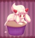  2019 absurd_res alcremie cupcake evomanaphy female food food_creature fruit hi_res looking_at_viewer lying nintendo not_furry plant pok&eacute;mon pok&eacute;mon_(species) red_eyes solo strawberry video_games 