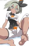  1girl @_@ abs barefoot blush bodysuit cameltoe commentary_request covered_navel dark_skin dated full_body grey_eyes grey_hair hairband highres noburockman open_mouth pokemon pokemon_(game) pokemon_swsh saitou_(pokemon) shirt short_sleeves shorts skin_tight soles solo sweat twitter_username white_shirt white_shorts 