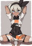  1girl :&lt; abs arms_up barefoot commentary_request covered_navel covered_nipples dark_skin denki_shougun front-tie_top grey_eyes grey_hair hairband highres knee_pads looking_at_viewer pokemon pokemon_(game) pokemon_swsh saitou_(pokemon) short_hair shorts simple_background solo sportswear spread_legs squatting sweat tiptoes toned undershirt 