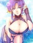  1girl bikini blue_eyes breasts cleavage earrings fire_emblem fire_emblem:_the_blazing_blade fire_emblem_heroes gloves jewelry large_breasts lilly0723euro purple_eyes purple_hair short_hair side_slit smile solo swimsuit ursula_(fire_emblem) 