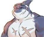  anthro cetacean delphinoid episode0006 eyes_closed eyewear fish grin happy hi_res hybrid light lighting male mammal marine muscular muscular_male oceanic_dolphin orca pecs scar shark smile solo sunglasses tokyo_afterschool_summoners toothed_whale typhon video_games 