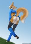  anthro better_version_at_source biped black_pawpads blue_bottomwear blue_clothing blue_sky blue_topwear bottomwear brown_body brown_fur butt camel_toe canid canine clothed clothing crop_top day dutch_angle ear_piercing elvofirida female fennec fox fully_clothed fur green_eyes hair leg_warmers legwear looking_at_viewer looking_back mammal miniskirt multicolored_body multicolored_fur on_one_leg open_mouth open_smile outside panties pawpads paws piercing raised_tail shirt skimpy skirt sky smile solo standing topwear underwear upskirt url whiskers white_body white_bottomwear white_clothing white_fur white_panties white_underwear 