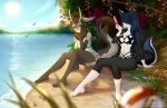 anthro black_nose breasts brown_eyes canid canine canis clothed clothing day detailed_background domestic_dog dragon duo female grass green_eyes hi_res hybrid mammal midriff navel outside sand sheenny sitting sky sun water 
