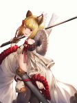 absurdres animal_ears bangs bare_shoulders blonde_hair braid breasts detached_sleeves dog_ears erune fang granblue_fantasy highres japanese_clothes looking_at_viewer ohihil open_mouth pantyhose rope scabbard sheath shimenawa short_hair sideboob sword vajra_(granblue_fantasy) weapon 