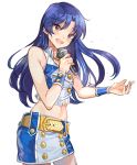  1girl :d belt_buckle blue_hair blush brown_eyes buckle cowboy_shot crop_top eyebrows_visible_through_hair floating_hair hair_between_eyes holding holding_microphone idol idolmaster idolmaster_(classic) inzup kisaragi_chihaya long_hair looking_at_viewer microphone midriff miniskirt navel open_mouth pencil_skirt simple_background skirt sleeveless smile solo standing stomach tears very_long_hair white_background wing_collar yellow_belt 