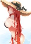  1girl alternate_costume azur_lane bangs bikini black_bikini black_ribbon blush breasts eyebrows_visible_through_hair eyewear_on_head from_side hair_ribbon hat highres honolulu_(azur_lane) itete large_breasts long_hair looking_at_viewer parted_lips red_eyes red_hair ribbon simple_background solo straw_hat sunglasses swimsuit twintails v-shaped_eyebrows 