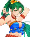  1girl bikini fire_emblem fire_emblem:_the_blazing_blade fire_emblem_heroes green_eyes green_hair highres kamu_(kamuuei) long_hair looking_at_viewer lyn_(fire_emblem) navel ponytail simple_background smile solo swimsuit white_background 
