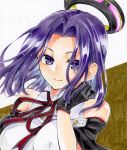  1girl alto2019 black_gloves black_sleeves breasts breasts_apart brown_background closed_mouth detached_sleeves gloves kantai_collection large_breasts looking_at_viewer marker_(medium) medium_hair neck_ribbon purple_eyes purple_hair ribbon sample shiny shiny_hair shirt sleeveless sleeveless_shirt smile solo striped striped_ribbon tatsuta_(kantai_collection) traditional_media two-tone_background upper_body white_background white_shirt 