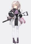  1girl :3 alternate_costume ascot bag bangs black_dress boots brown_eyes collared_dress cross-laced_footwear crossed_bangs curly_hair dress full_body girls_frontline grey_hair gun h&amp;k_ump h&amp;k_ump45 hair_between_eyes hair_ornament hands_on_hips heckler_&amp;_koch highres lace-up_boots lee_seok_ho long_hair looking_at_viewer one_side_up pantyhose purple_footwear purple_neckwear scar scar_across_eye shoulder_bag smile smug submachine_gun two-tone_dress ump45_(girls_frontline) weapon weapon_on_back white_dress white_legwear younger 