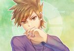  1boy brown_eyes brown_hair closed_mouth jewelry long_sleeves looking_at_viewer male_focus necklace ooki1089 ookido_green pokemon pokemon_(game) pokemon_rgby purple_shirt shiny shiny_hair shirt short_hair smile solo twitter_username 