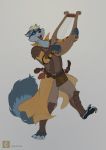  amarian anthro armor bard barefoot belt blue_eyes clothed clothing dagger fangs fully_clothed fur grey_fur hi_res hindpaw lute male mammal melee_weapon open_mouth paws plantigrade pouches procyonid raccoon solo walking weapon 