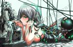  1girl android ass bangs blush braid breasts cable closed_mouth cyborg dog gbsartworks green_eyes green_hair highres large_breasts long_hair lying mechanical_animal mechanical_parts neon_trim on_stomach original poking sidelocks silver_hair single_braid smile solo very_long_hair 