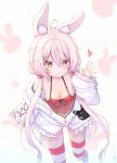  1girl absurdres ahoge animal_ear_fluff animal_ears breasts bunny_ears camisole cleavage coat downblouse hair_ornament hairclip highres long_hair low_twintails midriff no_pants off_shoulder open_clothes open_coat pink_hair red_camisole small_breasts smile solo striped striped_legwear thighhighs tomari_mari tomari_mari_channel twintails underwear virtual_youtuber waving white_coat 
