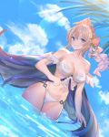  1girl absurdres bikini blonde_hair blue_eyes breasts cleavage cloud cloudy_sky commentary_request cowboy_shot day dutch_angle europa_(granblue_fantasy) flower granblue_fantasy hair_flower hair_ornament highres large_breasts navel ocean outdoors palm_tree renzu_(lens_02) short_hair sky smile solo swimsuit tiara tree white_bikini 